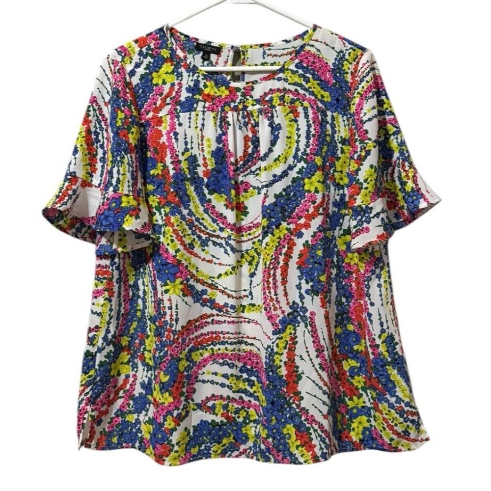 TALBOTS Sz Large P Short Sleeve Floral Ruffle Sleeve Cottagecore Polyester Shirt